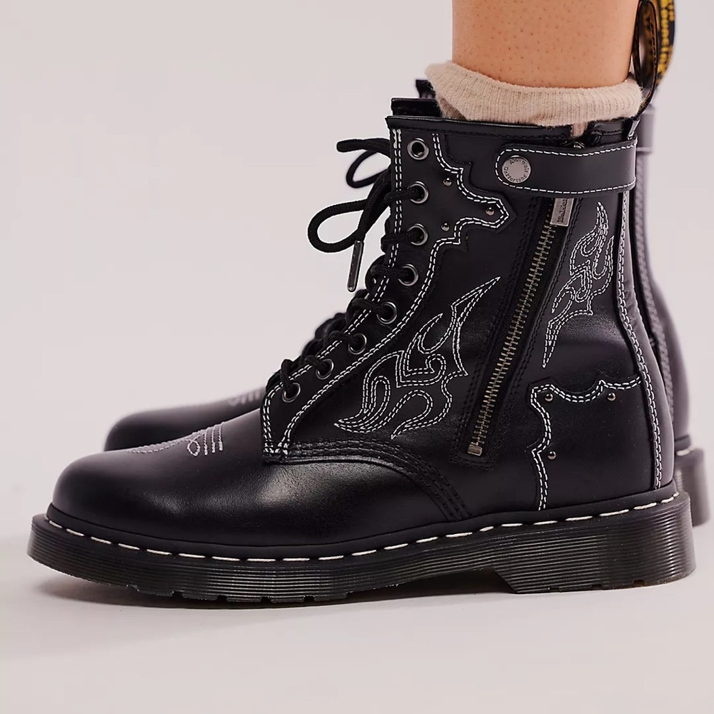Dr. Martens Black Leather Combat Boots with White Stitching